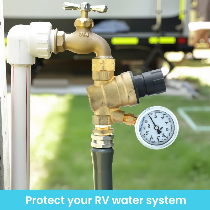 MEASUREMAN Handle Adjustable RV Water Pressure Regulator, 3/4â€™â€™ Thread & Lead-Free Brass, Pressure Gauge 1/4â€™â€™ NPT & 160psi, Inlet Screened Filter For Camper, Trailer, RV, Garden, Plumbing System - Image 5